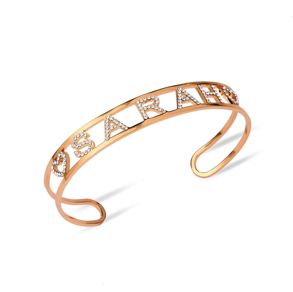 3D Name Stones Bangle in rosé gold with personalized name design.