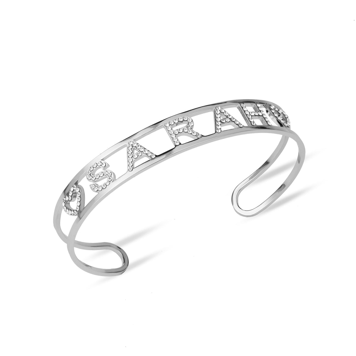 Silver 3D Name Stones Bangle with personalized design and heart symbol, elegant jewelry piece highlighting personal style.