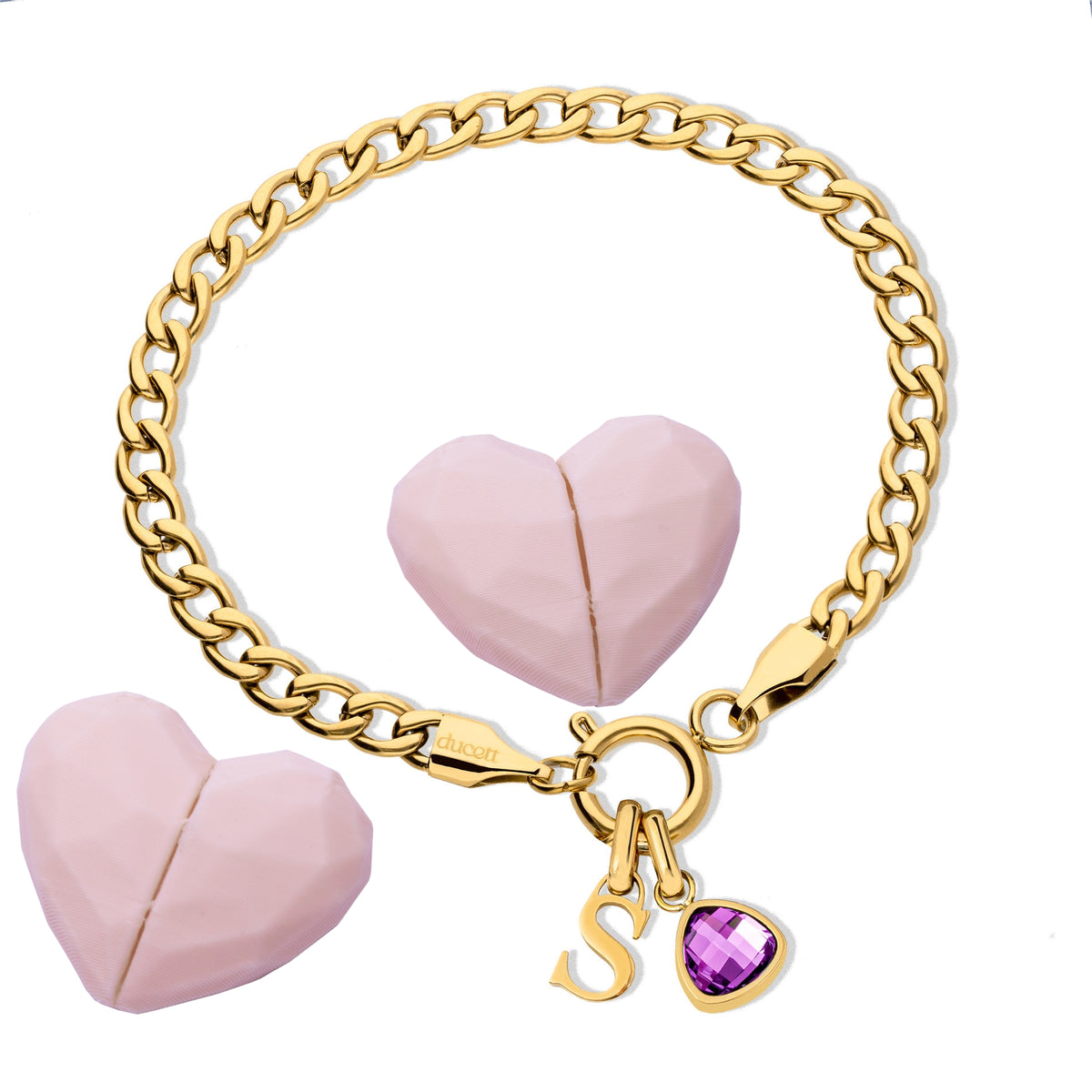 Letter & birthstone bracelet gold hearts - worn