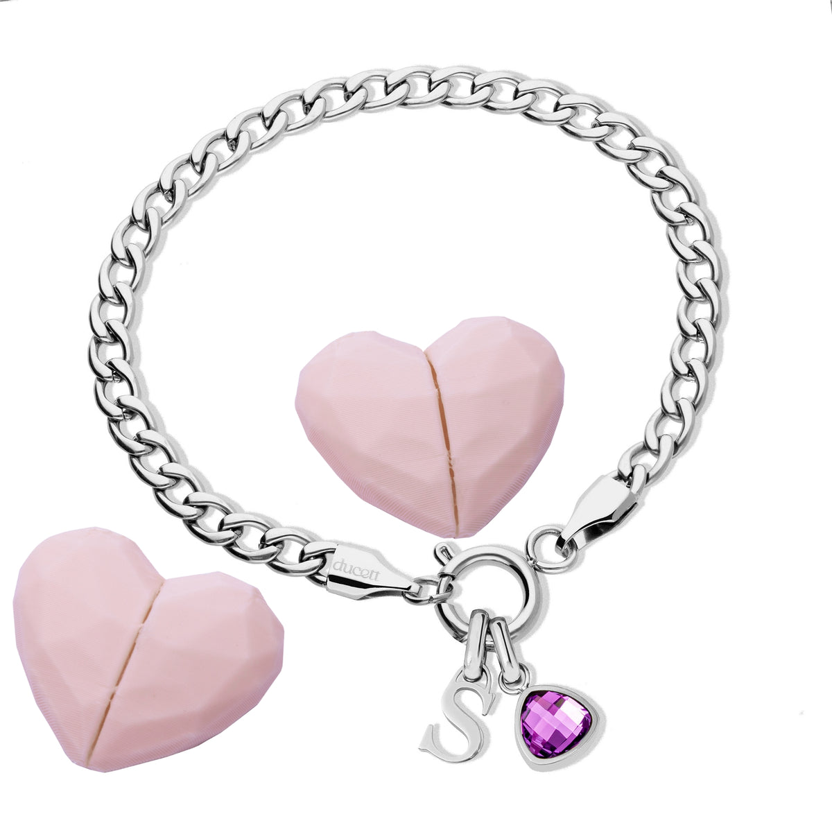 Letter & birthstone bracelet silver hearts - worn
