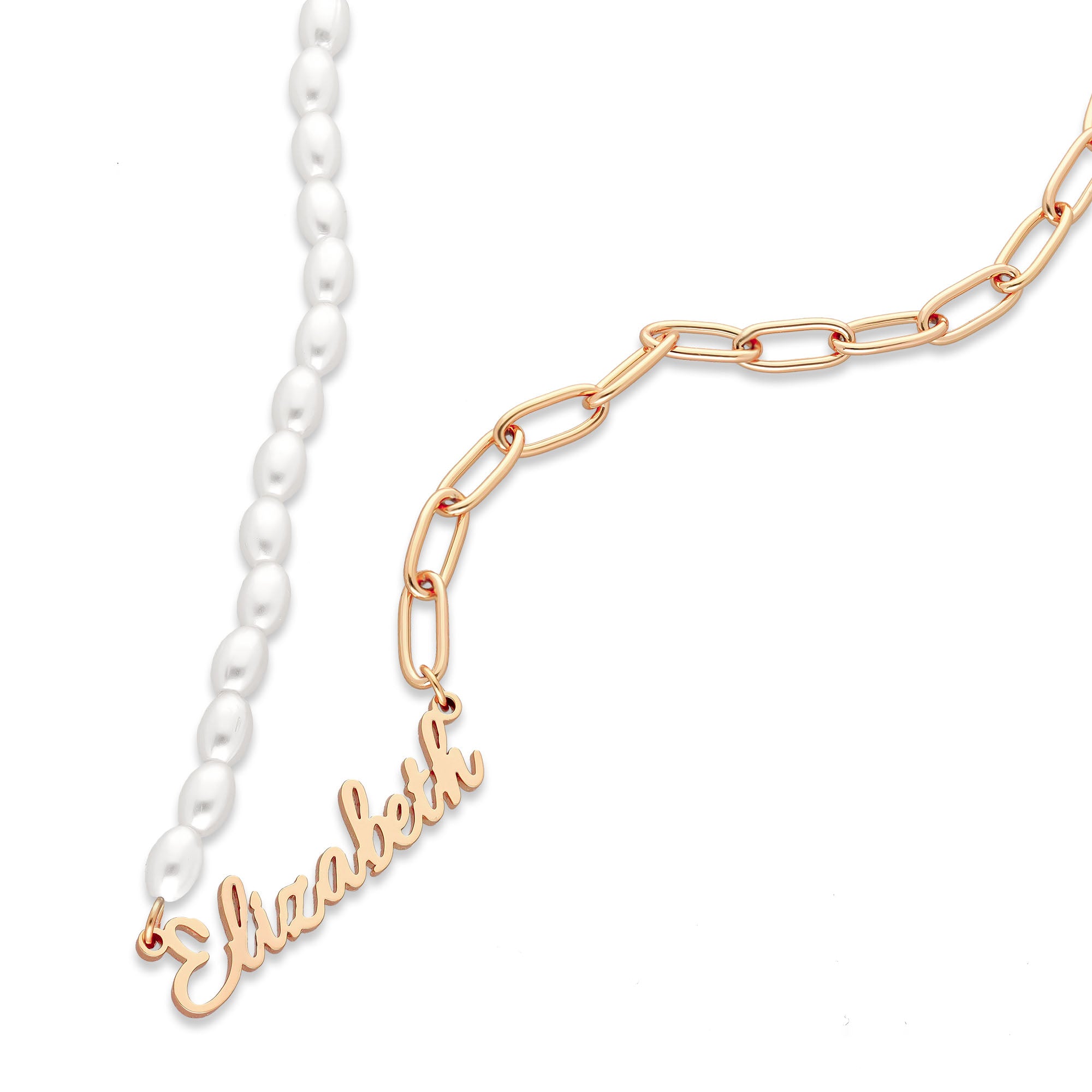 Pearl link name necklace rosé gold