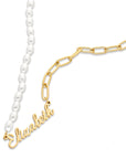 Pearl link name necklace gold